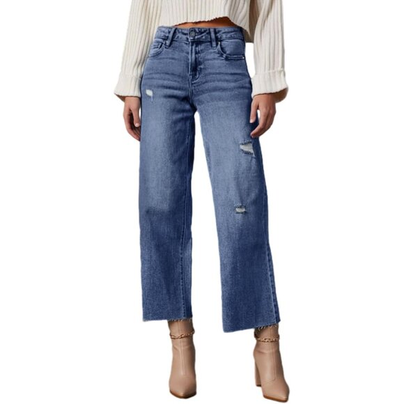 Denim - Womens High Waist Baggy Jeans Wide Leg Casual Denim Pants